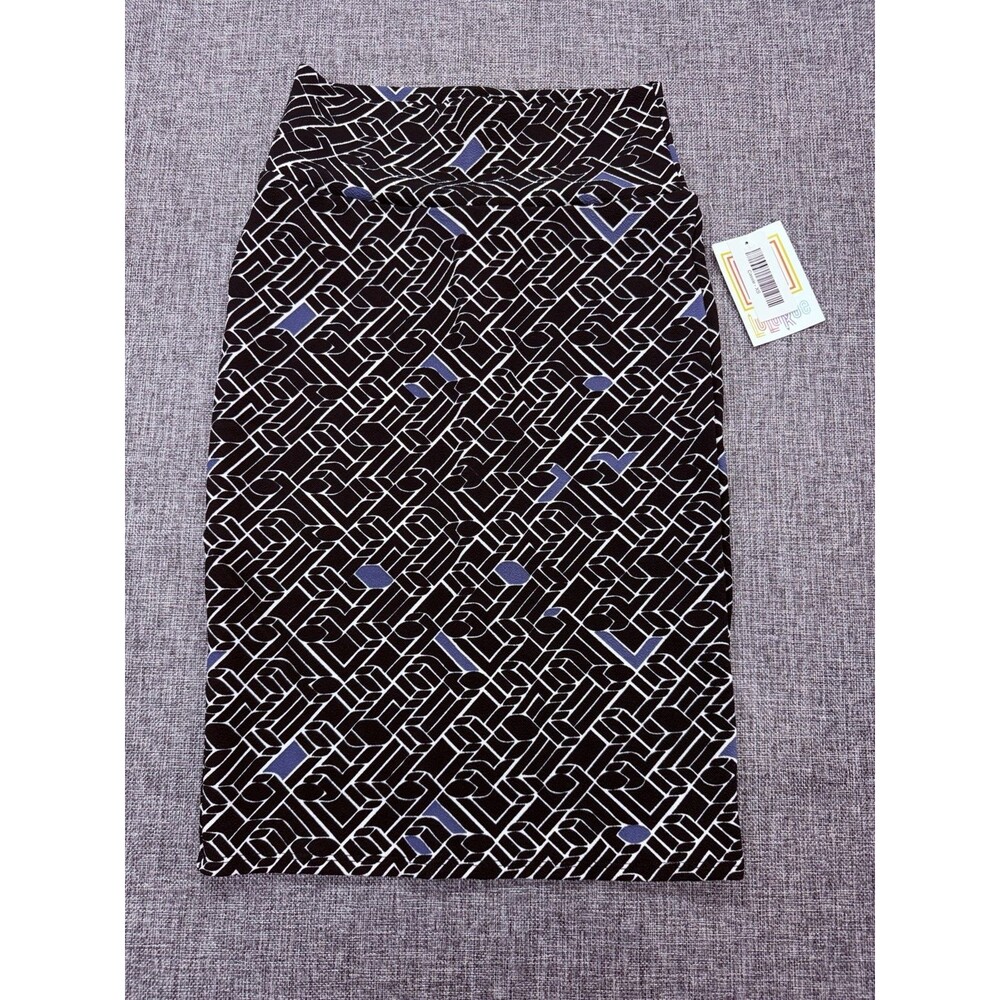 LULAROE CASSIE Pencil Skirt Black White Pattern With Blue Extra Small XS 2-4 NWT